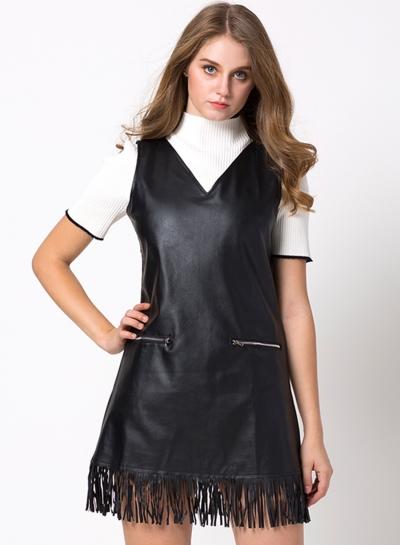 Oasap V Neck Pu Leather Sleeveless Dress With Tassels