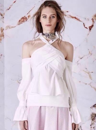 Oasap Halter Off Shoulder Flare Sleeve Solid Blouse
