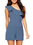Oasap Women's Casual Solid One Shoulder Flounce Trim Summer Rompers
