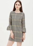 Oasap Houndtooth Print Flare Sleeve Mini Dress