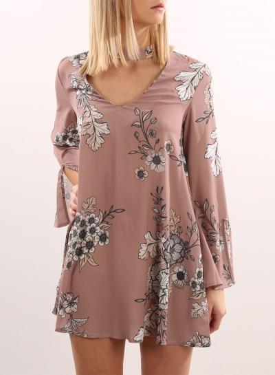Oasap Choker V Neck Long Sleeve Floral Mini Dress