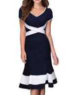 Oasap V Neck Short Sleeve Color Block High Waist Midi Dress
