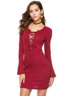 Oasap V Neck Long Sleeve Solid Color Lace Up Bodycon Dress