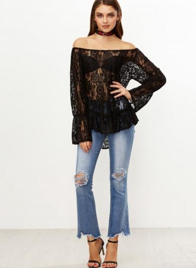 Oasap Black Slash Neck Sheer Lace Blouse