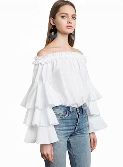 Oasap Solid Slash Neck Flounce Sleeve Blouse