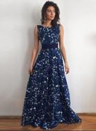 Oasap Elegant Sleeveless Backless Floral Maxi Evening Dress