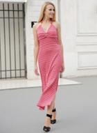 Oasap Striped Halter V Neck Sleeveless Backless Side Slit Maxi Dress