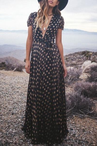 Oasap Stylish Pentagram Print Deep V Maxi Chiffon Dress