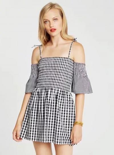 Oasap Spaghetti Strap Slash Neck Flare Sleeve Plaid Dress