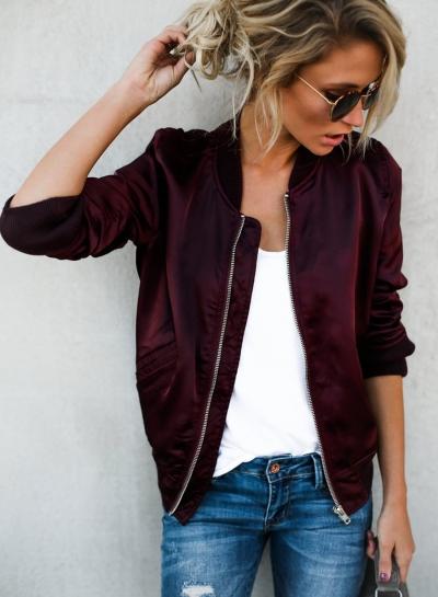 Oasap Casual Solid Full Zip Bomber Jacket