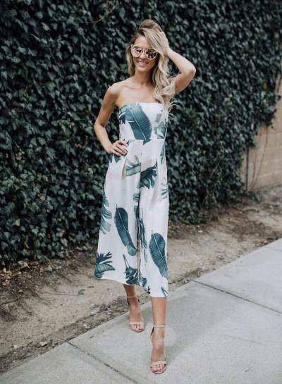 Oasap Strapless Off Shoulder Leaves Print Jumpsuit