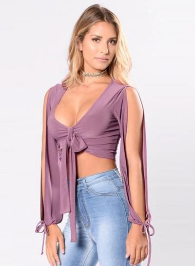 Oasap Fashion Scoop Neck Slit Long Sleeve Crop Top