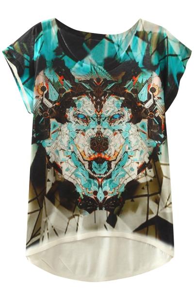 Oasap Casual Wolf Print Cap Sleeve High Low Tee