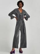 Oasap V Neck Long Sleeve Ruffle Wide-leg Jumpsuit With Belt