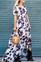Oasap Elegant Printed Flouncing Half Sleeve Drawstring Maxi Dress