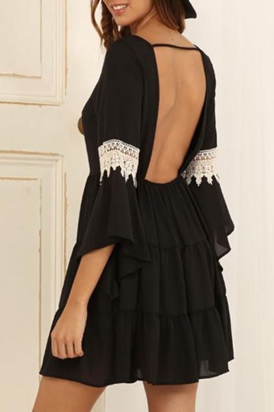 Oasap Crochet Lace Paneled Flouncing Cut-out Back Dress