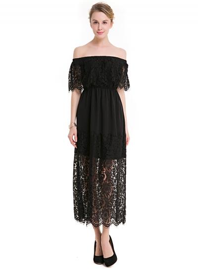 Oasap Off The Shoulder Solid Lace Layer Top Dress