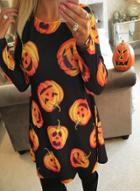 Oasap Halloween Pumpkin Print Long Sleeve Dress
