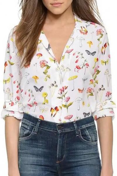 Oasap Sweet Butterfly Print Button Down Blouse