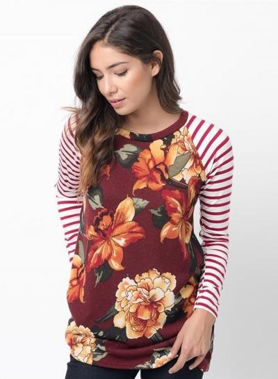 Oasap Round Neck Patch Splicing Floral Printed Striped Tee Shirt