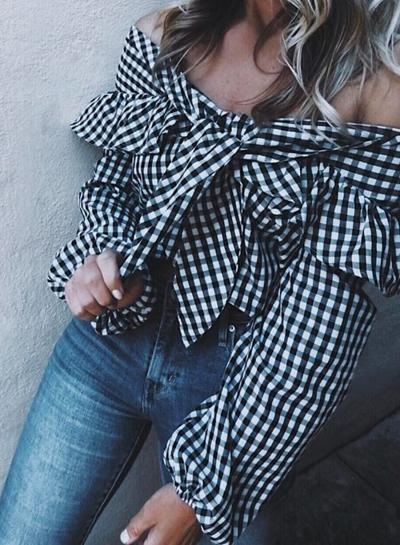 Oasap Plaid Off Shoulder Long Sleeve Flounce Blouse