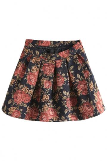 Oasap Navy Floral Pleated Mini A-line Skirt