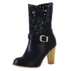 Oasap Buckle Strap Hollow Out High Heels Mid-calf Boots
