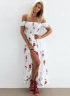 Oasap Off Shoulder Floral Printed High Split Maxi Dress