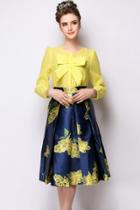 Oasap Yellow Blue Block Floral Print Pleated Swing Skirt