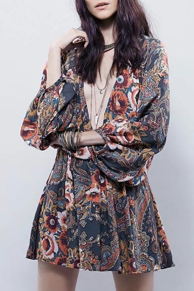Oasap Bohemia Deep V Floral Print Lantern Sleeve Chiffon Dress
