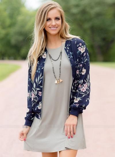 Oasap Long Sleeve Floral Printed Zipper Jacket