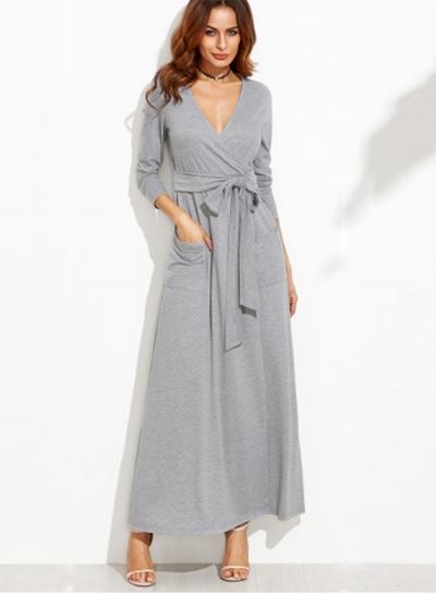 Oasap Wrap V Neck Long Sleeve Maxi Dress With Belt