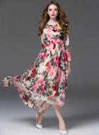 Oasap Round Neck Long Sleeve Floral Print Dress