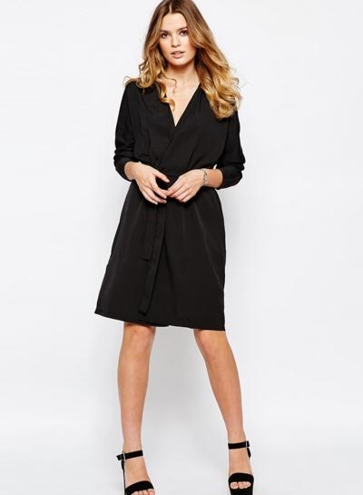 Oasap Women's Sheer V Neck Solid Color Dress With Belt