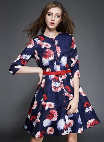 Oasap 3/4 Sleeve Floral Print Flare Sleeve Dress