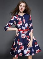 Oasap 3/4 Sleeve Floral Print Flare Sleeve Dress