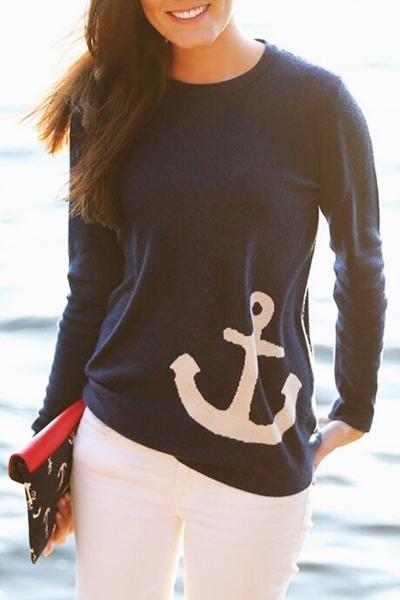 Oasap Simple Anchor Pattern Round Neck Knit Sweatshirt