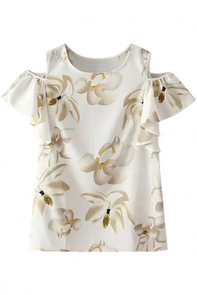 Oasap Demure Floral Print Cutout Shoulder Blouse