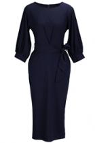 Oasap Chic Lantern Sleeve Belted Slim Fit Midi Dress