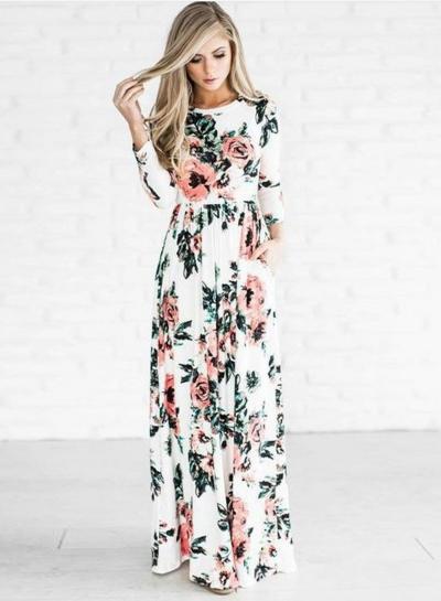 Oasap Boho Floral Long Sleeve Maxi Dress