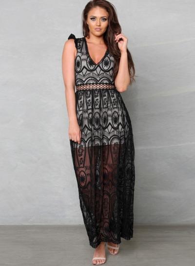 Oasap V Neck Sleevless Backless Maxi Lace Evening Dress