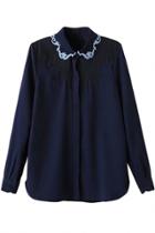 Oasap Embroidery Collar Solid Button Down Shirt