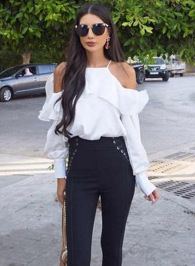 Oasap Off Shoulder Long Sleeve Ruffle Chiffon Blouse