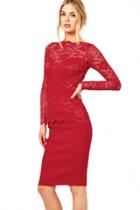 Oasap Graceful Red Lace Bodycon Fit Midi Dress