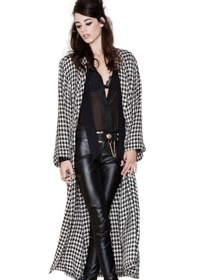 Oasap Women's Multicolor Houndstooth Lapel Front Longline Coat
