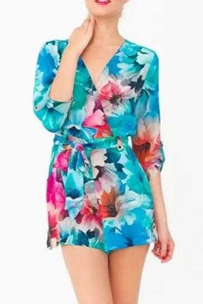 Oasap Cute Aqua Floral Print Romper
