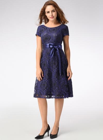 Oasap Short Sleeve Bow Waist Lace Dress