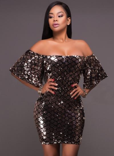 Oasap Off The Shoulder Short Sleeve Sequins Bodycon Dress