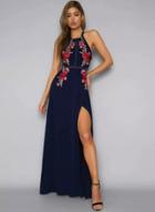 Oasap Fashionable Halter Neck Floral Embroidery Maxi Dress