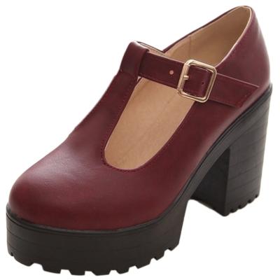 Oasap T-strap Round Toe Platform Chunky Heels Pumps